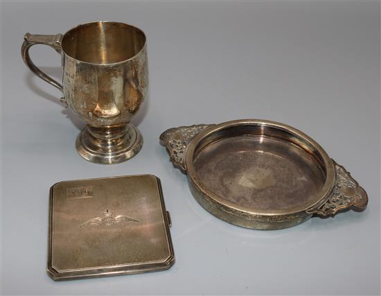 A silver christening mug, a cigarette case and a dish
